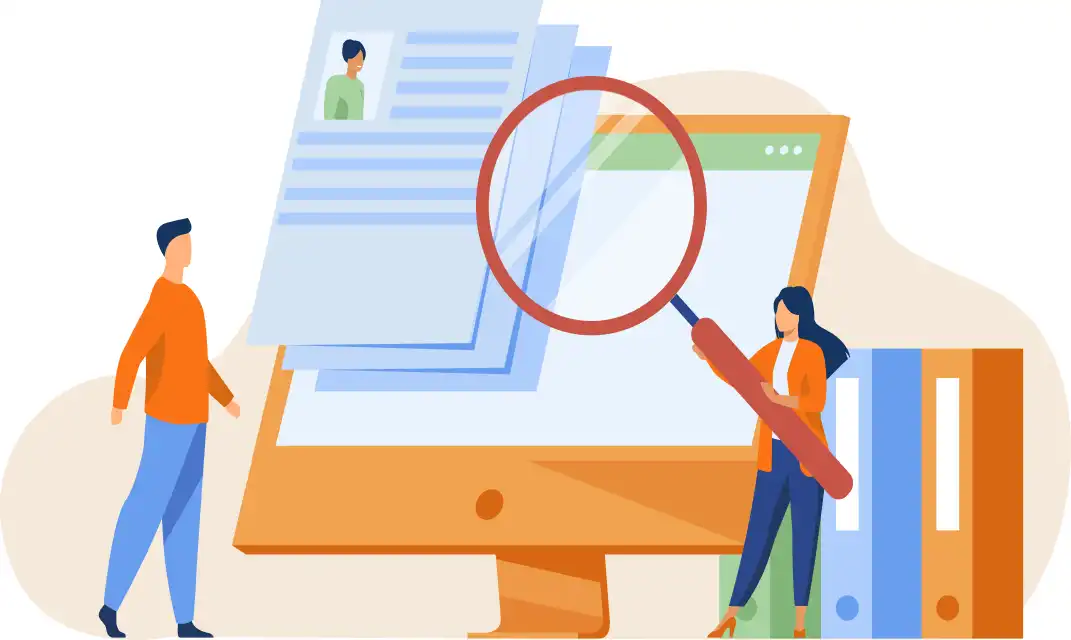 デスクトップで二人が画面の書類を確認しているイラスト。構成の型を活用する様子。