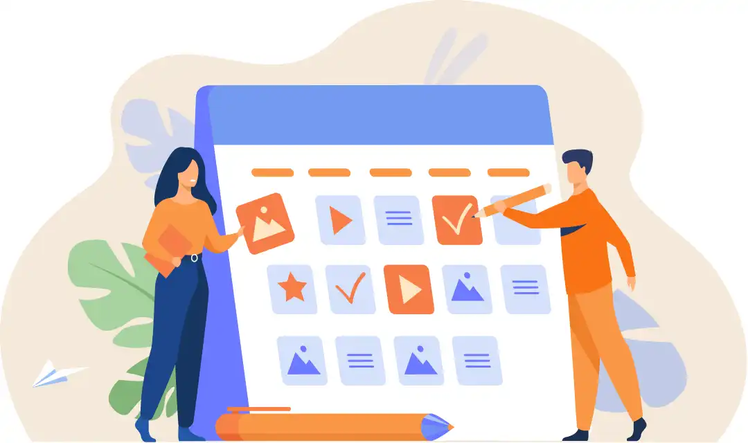 カレンダーと二人の人物のイラスト。締切と伴走で続ける様子。